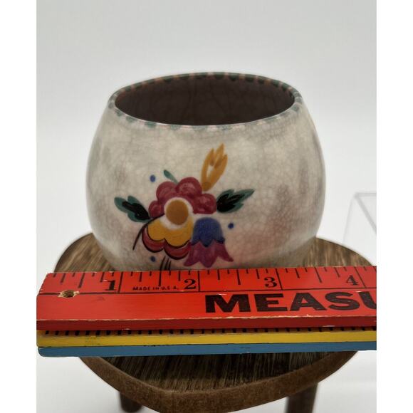 Vintage Hand Painted Pottery Bowl Floral Checkered Top - Picture 4 of 5